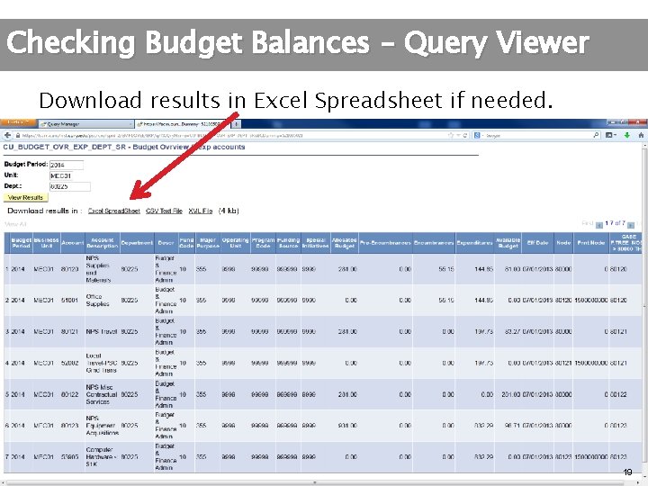 Checking Budget Balances – Query Viewer Download results in Excel Spreadsheet if needed. 19