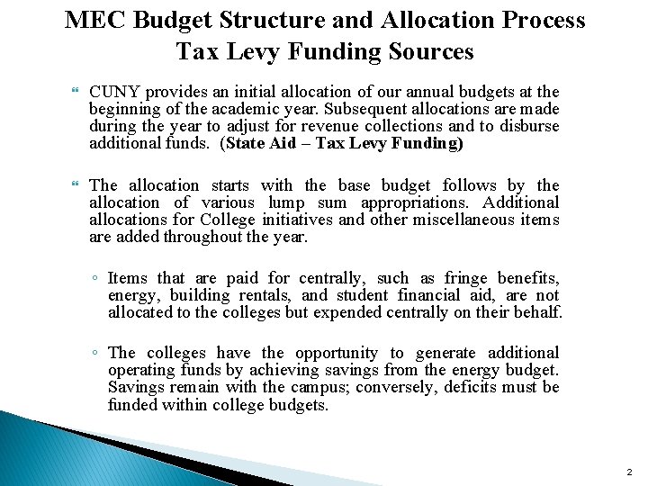 MEC Budget Structure and Allocation Process Tax Levy Funding Sources CUNY provides an initial