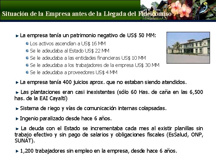 Situación de la Empresa antes de la Llegada del Fideicomiso La empresa tenía un