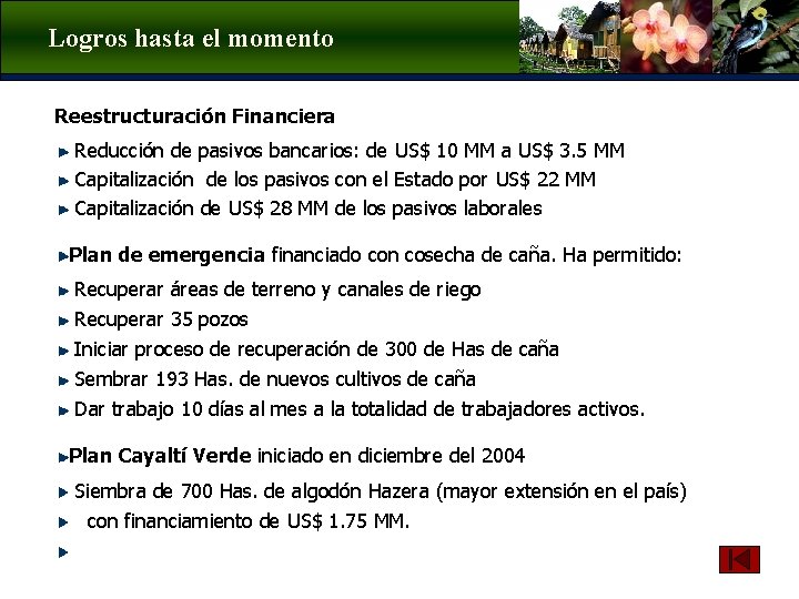 Logros hasta el momento Reestructuración Financiera Reducción de pasivos bancarios: de US$ 10 MM