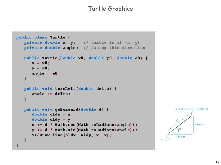Turtle Graphics public class Turtle { private double x, y; private double angle; //