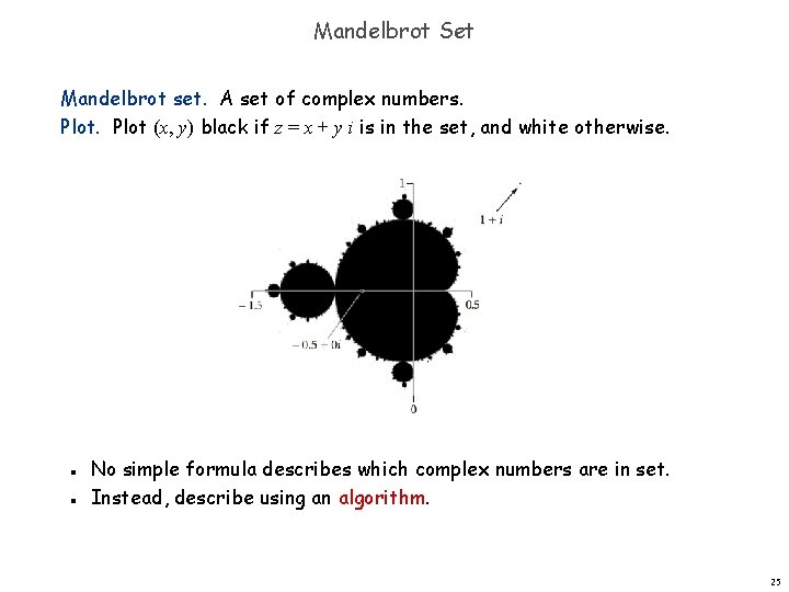 Mandelbrot Set Mandelbrot set. A set of complex numbers. Plot (x, y) black if