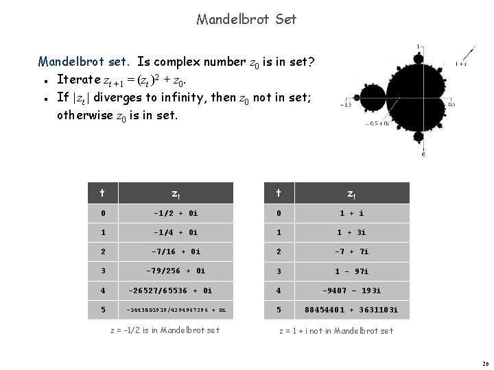 Mandelbrot Set Mandelbrot set. Is complex number z 0 is in set? Iterate zt