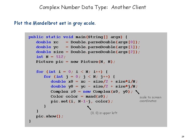 Complex Number Data Type: Another Client Plot the Mandelbrot set in gray scale. public