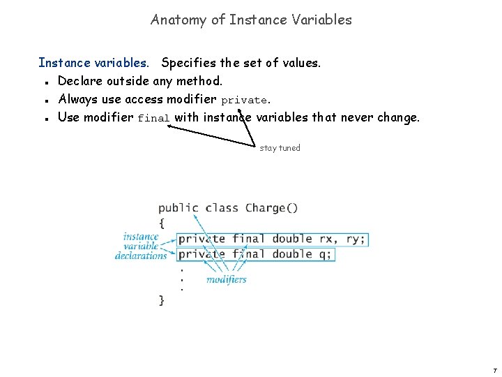 Anatomy of Instance Variables Instance variables. Specifies the set of values. Declare outside any