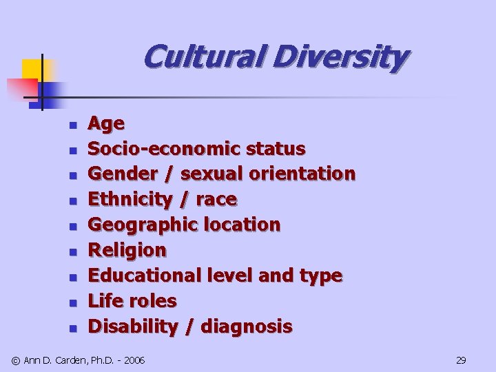 Cultural Diversity n n n n n Age Socio-economic status Gender / sexual orientation