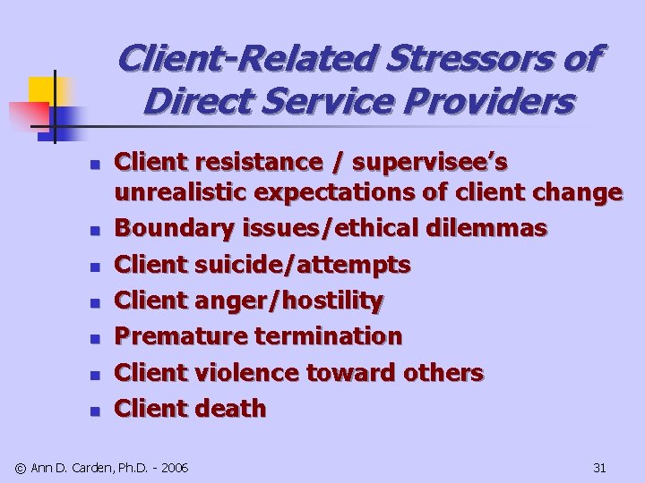 Client-Related Stressors of Direct Service Providers n n n n Client resistance / supervisee’s