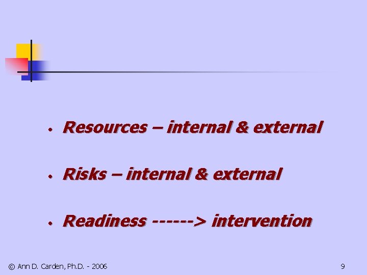  • Resources – internal & external • Risks – internal & external •