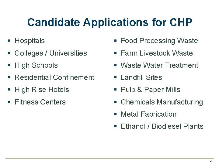 Candidate Applications for CHP § Hospitals § Food Processing Waste § Colleges / Universities