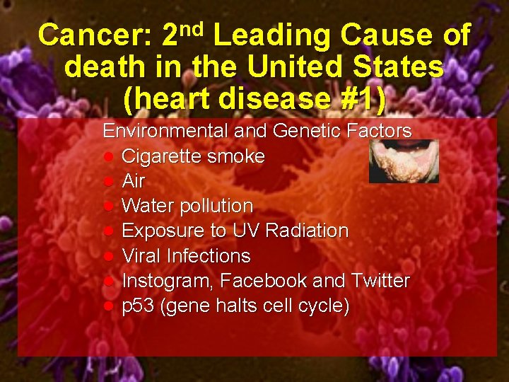 Cancer: 2 nd Leading Cause of death in the United States (heart disease #1)