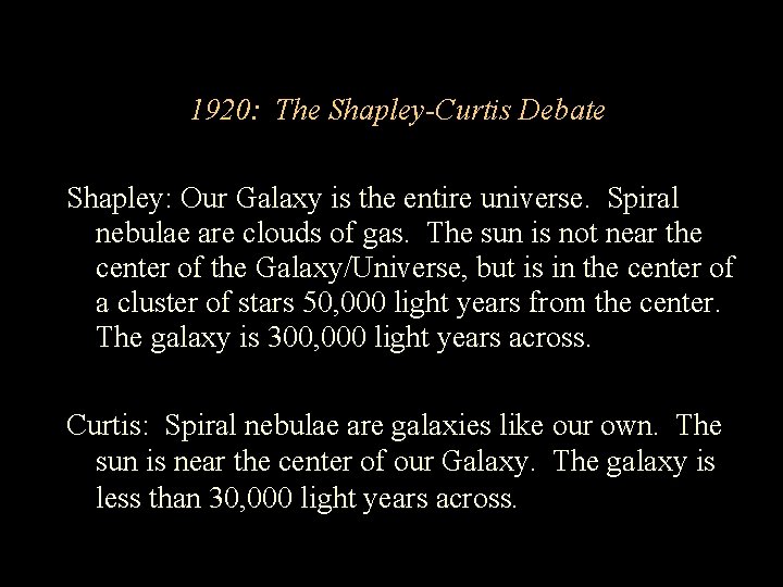 1920: The Shapley-Curtis Debate Shapley: Our Galaxy is the entire universe. Spiral nebulae are 1920: The Shapley-Curtis Debate Shapley: Our Galaxy is the entire universe. Spiral nebulae are
