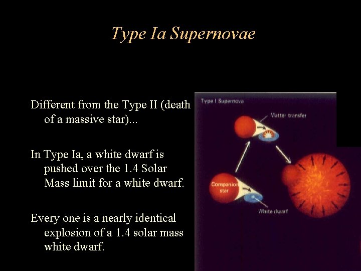 Type Ia Supernovae Different from the Type II (death of a massive star). . Type Ia Supernovae Different from the Type II (death of a massive star). .