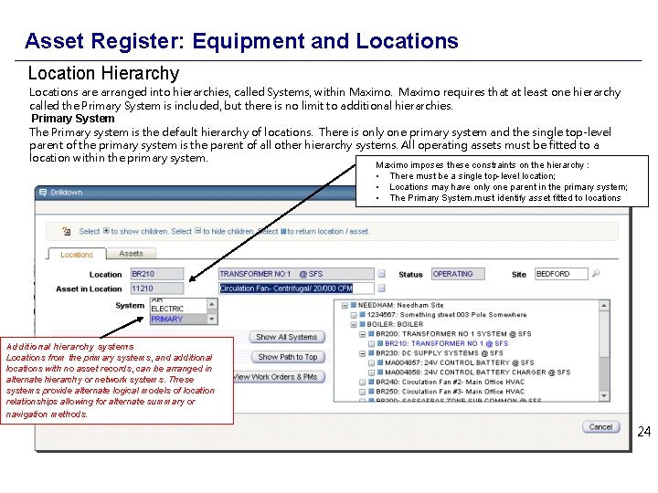 Asset Register: Equipment and Locations Location Hierarchy Locations are arranged into hierarchies, called Systems,