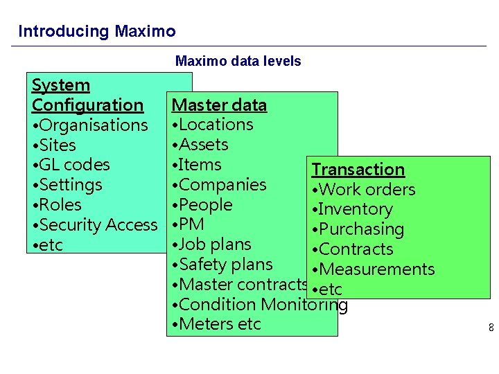 Introducing Maximo data levels System Configuration • Organisations • Sites • GL codes •