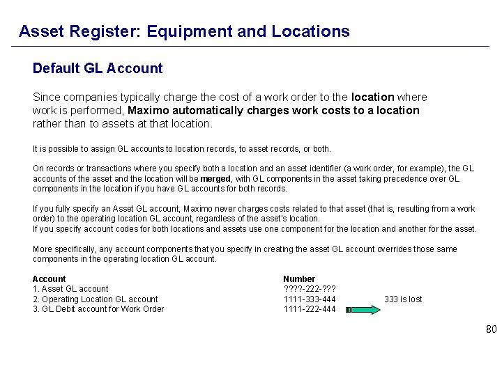 Asset Register: Equipment and Locations Default GL Account Since companies typically charge the cost