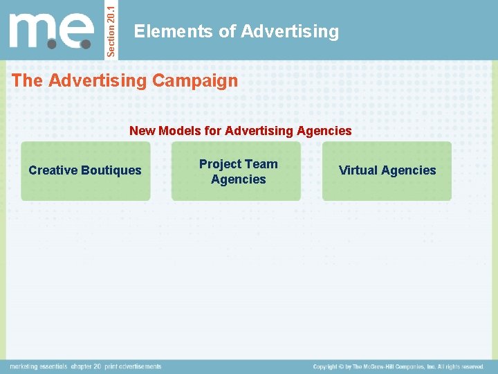 Section 20. 1 Elements of Advertising The Advertising Campaign New Models for Advertising Agencies