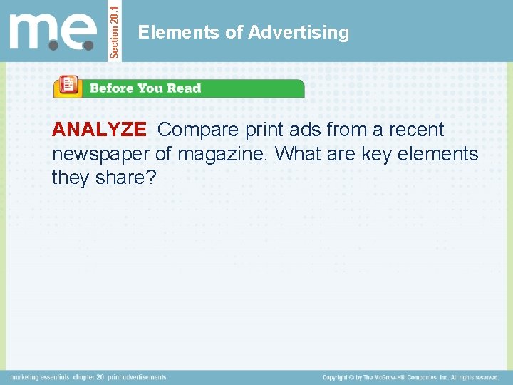 Section 20. 1 Elements of Advertising ANALYZE Compare print ads from a recent newspaper
