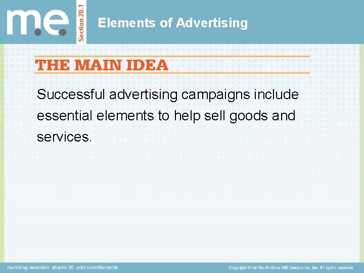 Section 20. 1 Elements of Advertising Successful advertising campaigns include essential elements to help