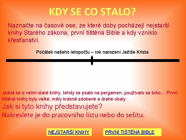KDY SE CO STALO? Naznačte na časové ose, ze které doby pocházejí nejstarší knihy