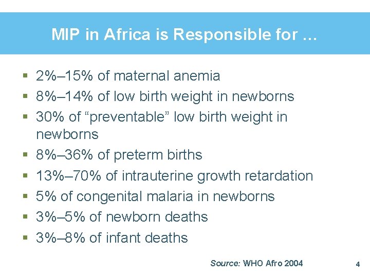 MIP in Africa is Responsible for … § 2%‒ 15% of maternal anemia §