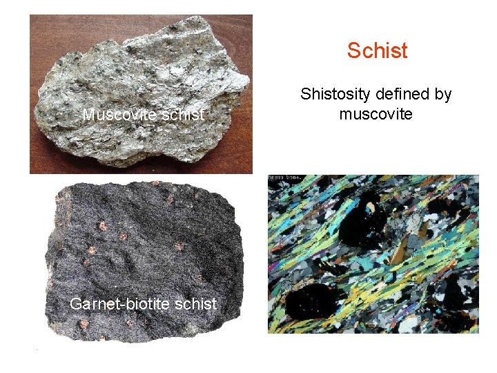 Schist Muscovite schist Garnet-biotite schist Shistosity defined by muscovite 