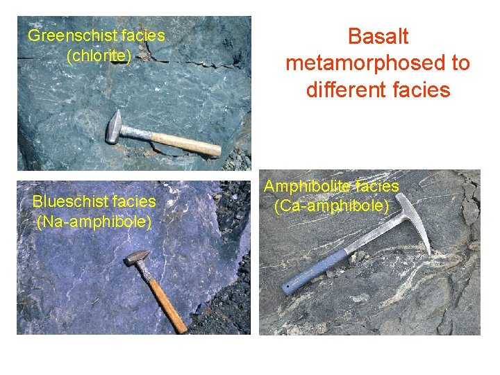 Greenschist facies (chlorite) Blueschist facies (Na-amphibole) Basalt metamorphosed to different facies Amphibolite facies (Ca-amphibole)