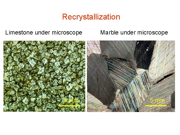 Recrystallization Limestone under microscope 5 mm Marble under microscope 5 mm 