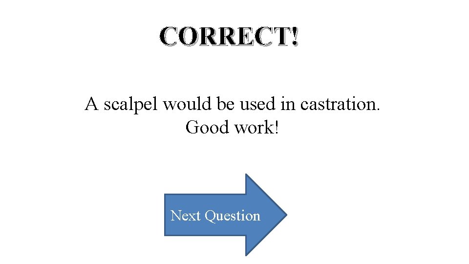 CORRECT! A scalpel would be used in castration. Good work! Next Question 