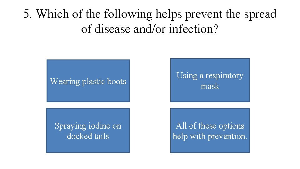 5. Which of the following helps prevent the spread of disease and/or infection? Wearing