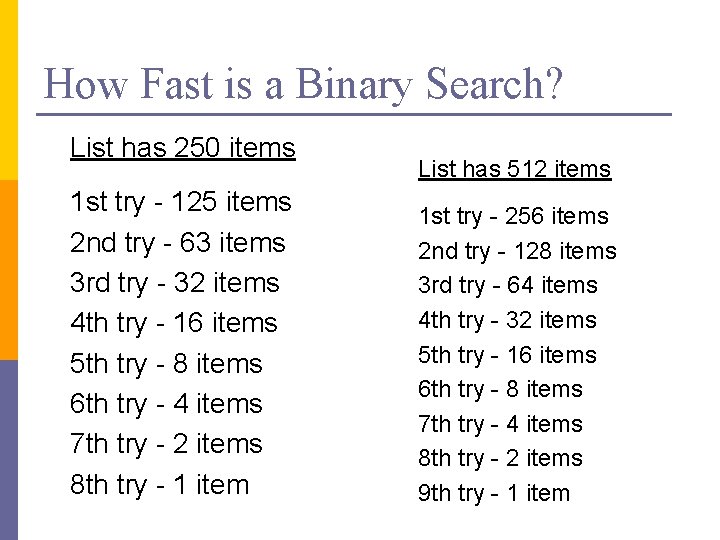 How Fast is a Binary Search? List has 250 items 1 st try -