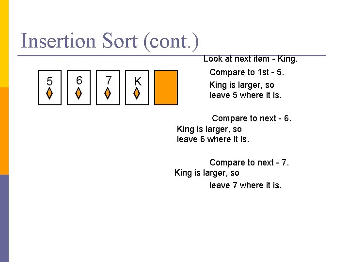 Insertion Sort (cont. ) Look at next item - King. 5 6 7 K