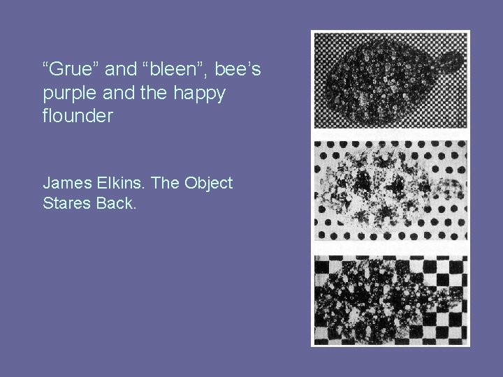 “Grue” and “bleen”, bee’s purple and the happy flounder James Elkins. The Object Stares “Grue” and “bleen”, bee’s purple and the happy flounder James Elkins. The Object Stares