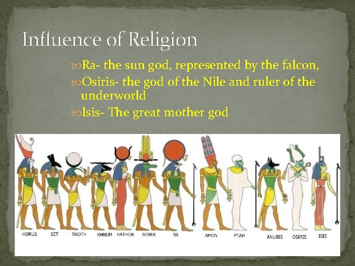 Influence of Religion Ra- the sun god, represented by the falcon, Osiris- the god