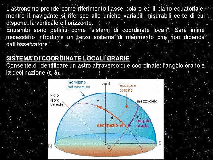 L’astronomo prende come riferimento l’asse polare ed il piano equatoriale, mentre il navigante si