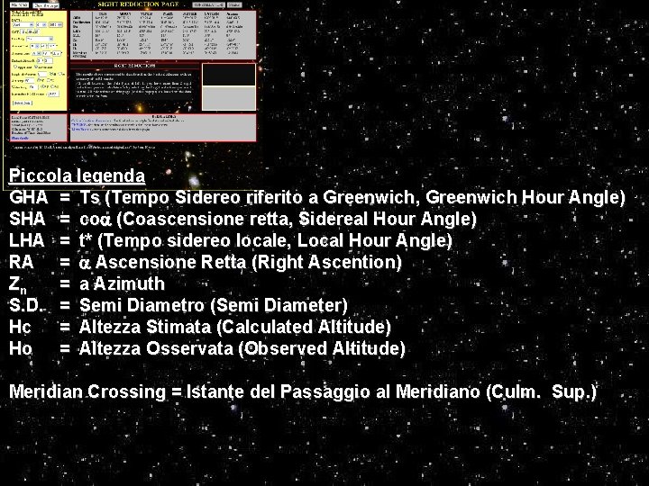 Piccola legenda GHA = Ts (Tempo Sidereo riferito a Greenwich, Greenwich Hour Angle) SHA