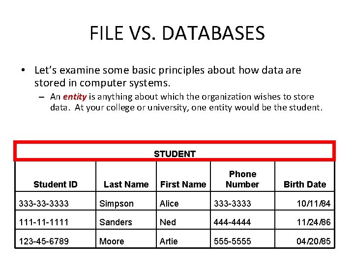 FILE VS. DATABASES • Let’s examine some basic principles about how data are stored