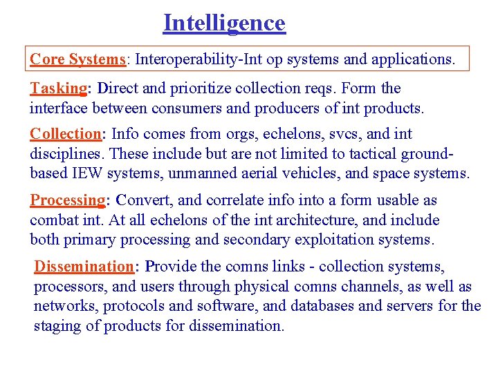 Intelligence Core Systems: Interoperability-Int op systems and applications. Tasking: Direct and prioritize collection reqs.