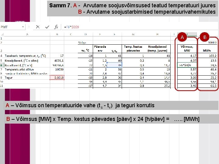 Samm 7. A - Arvutame soojusvõimsused teatud temperatuuri juures B - Arvutame soojustarbimised temperatuurivahemikutes