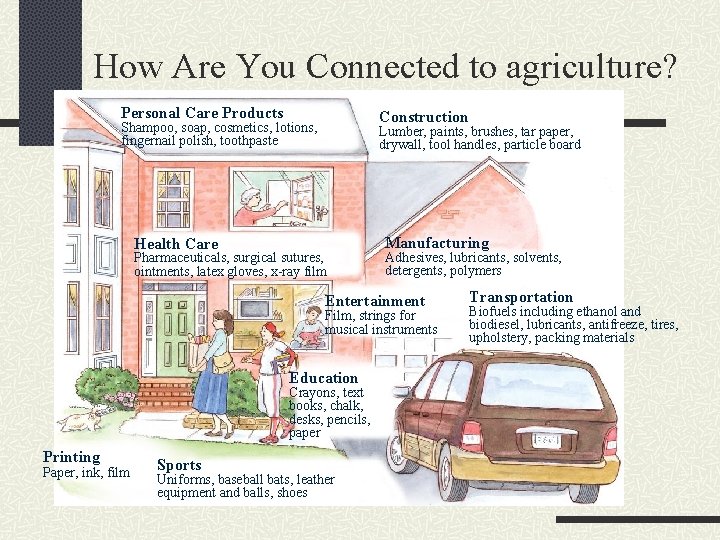 How Are You Connected to agriculture? Personal Care Products Construction Shampoo, soap, cosmetics, lotions,