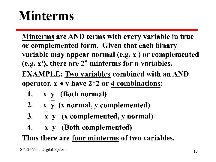 Minterms SYEN 3330 Digital Systems 13 