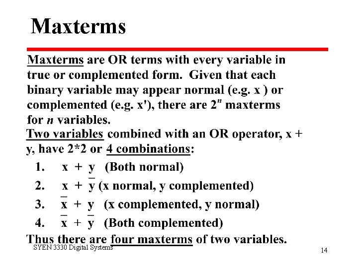 Maxterms SYEN 3330 Digital Systems 14 