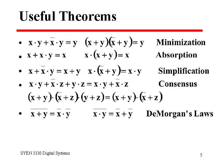 Useful Theorems • • • SYEN 3330 Digital Systems 5 