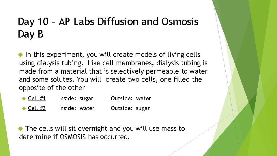 Day 10 – AP Labs Diffusion and Osmosis Day B In this experiment, you