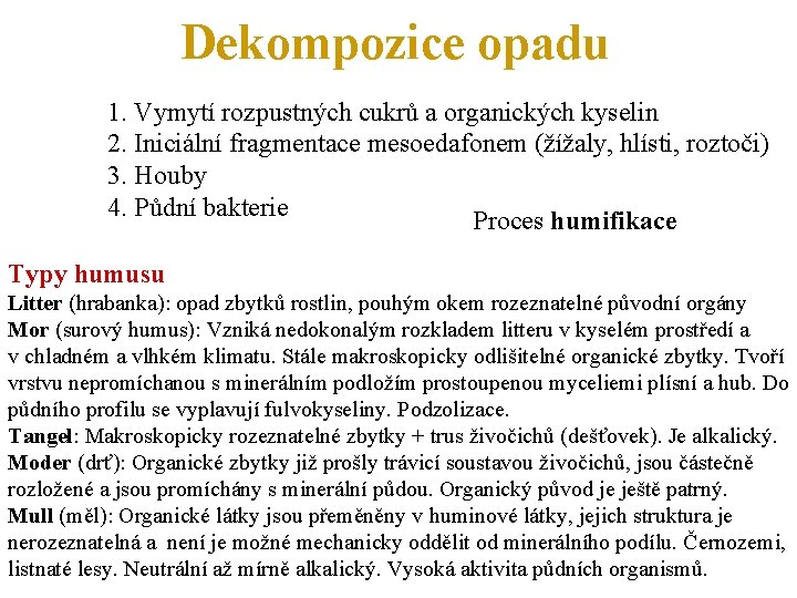 Dekompozice opadu 1. Vymytí rozpustných cukrů a organických kyselin 2. Iniciální fragmentace mesoedafonem (žížaly,