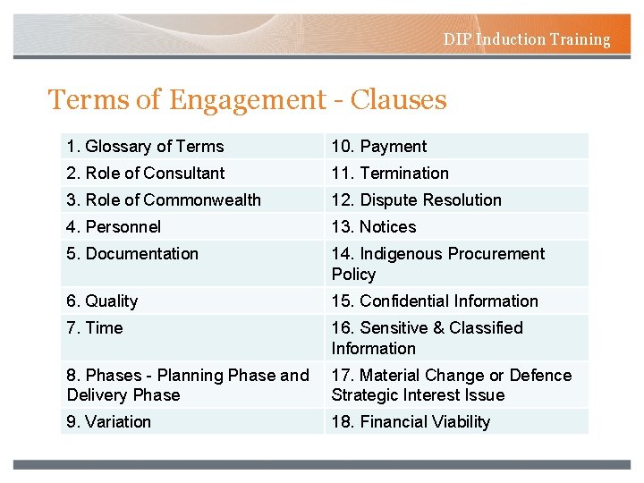 DIP Induction Training Terms of Engagement - Clauses 1. Glossary of Terms 10. Payment