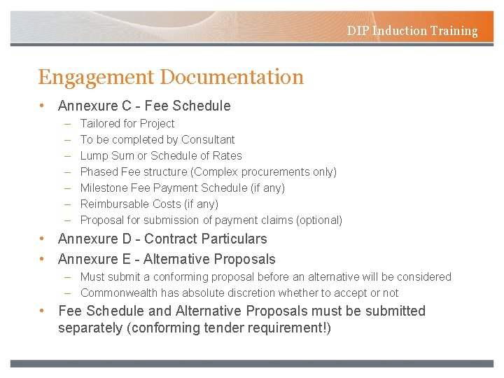DIP Induction Training Engagement Documentation • Annexure C - Fee Schedule – – –