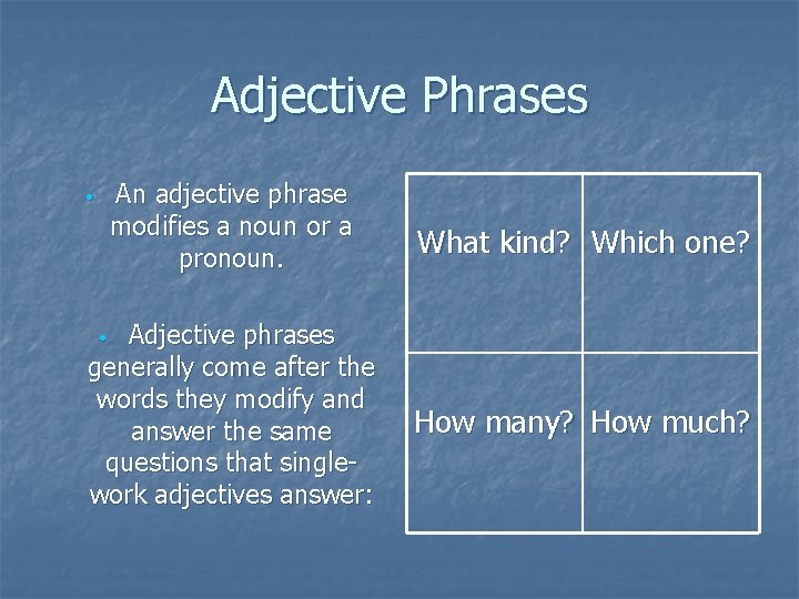 Adjective Phrases An adjective phrase modifies a noun or a pronoun. • Adjective phrases