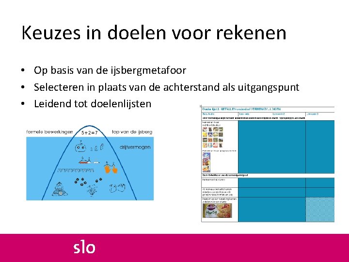 Keuzes in doelen voor rekenen • Op basis van de ijsbergmetafoor • Selecteren in