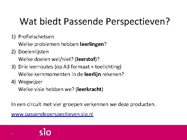 Wat biedt Passende Perspectieven? 1) Profielschetsen Welke problemen hebben leerlingen? 2) Doelenlijsten Welke doelen