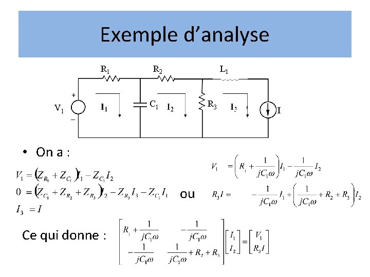 Exemple d’analyse R 1 V 1 R 2 L 1 C 1 R 3 Exemple d’analyse R 1 V 1 R 2 L 1 C 1 R 3